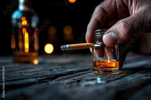 In a dimly lit and somber tableau, the image captures the essence of struggle and dependency Shaking hands, a testament to the body's betrayal, fumble with a cigarette, a symbol of fleeting solace