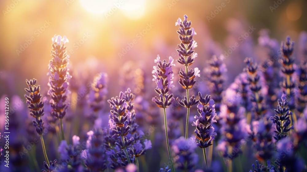 Fototapeta premium Beautiful lavender field in sunlight. The vibrant purple flowers create a serene scene. A perfect backdrop for relaxation. Generative AI