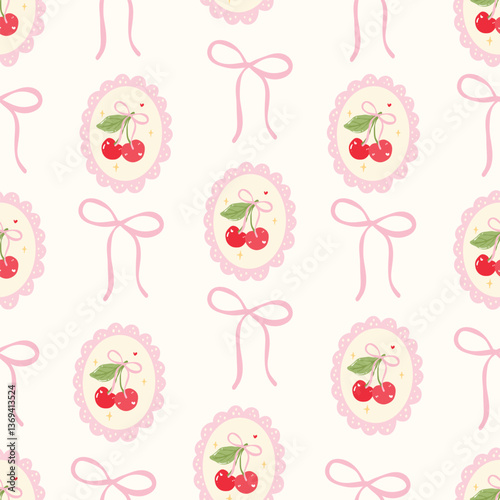 Cherry Cameo Bow Seamless Pattern | Cute Pink Vintage Fruit Design for Fabric, Paper, and Sublimation