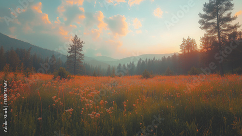 Landscape view of grass field in autumn with mountain view, Meadow land with plenty of flower and grass, Scenery view of national park with shady and peaceful vibe for recreation time trip.