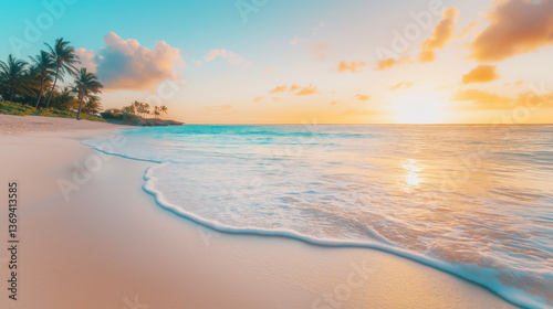 Beach sunset tropical paradise ocean waves sand palms vacation travel destination wallpaper background