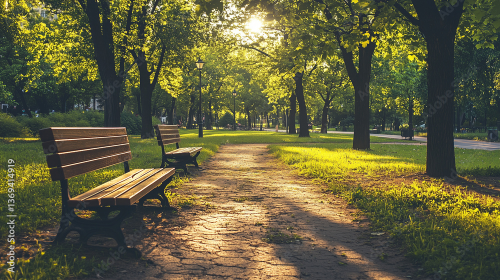 Fototapeta premium Bench in autumn park with sunset view, Landscape view of public park with wooden bench.