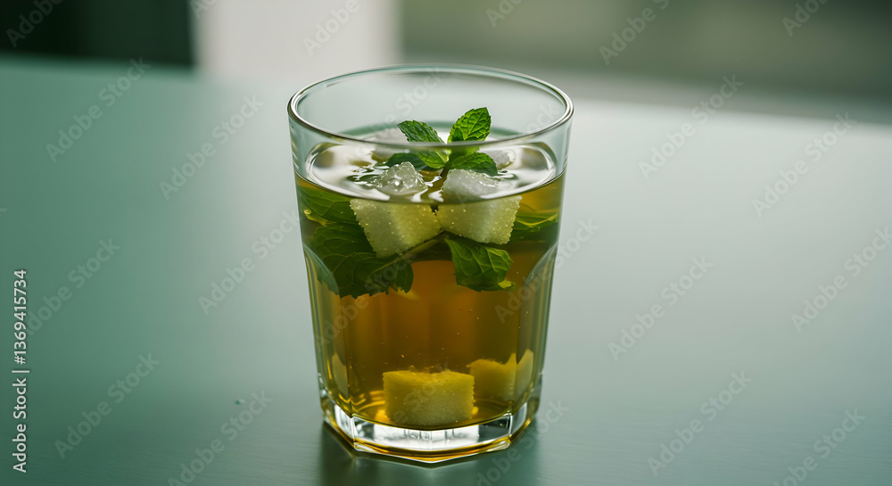 Iced Tea With Mint And Fruit Cubes In Glass Iced Tea With Mint And Fruit Cubes In Glass