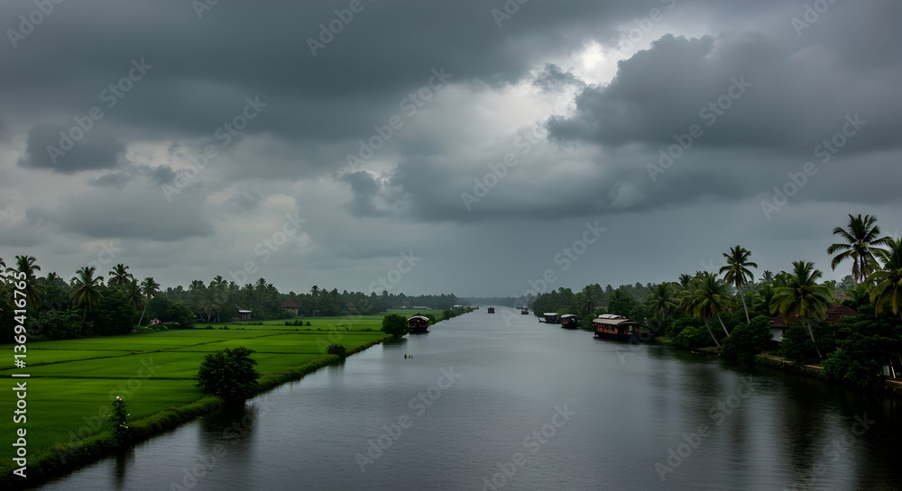 Kerala Backwaters Canal View Under Cloudy Sky Kerala Backwaters Canal View Under Cloudy Sky