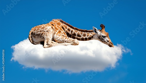 Giraffe Calf Resting on a Cloud in a Dreamy Sky of Blue and Light