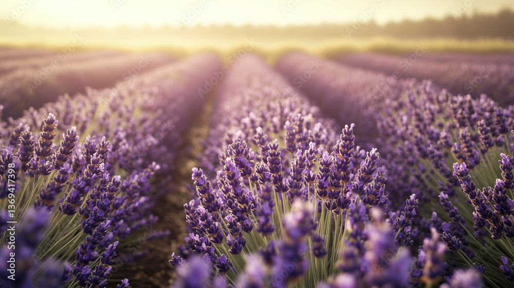 Obraz premium Lavender field with sun set view, Selective focus lavender farming , Landscape view of purple flower field.