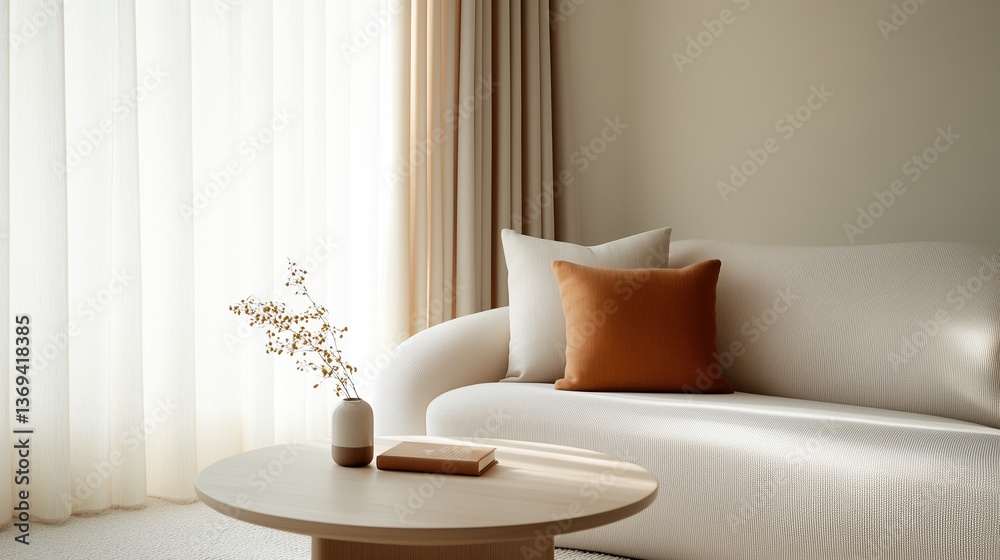 A white couch with orange pillows sits in front of a window. A vase with flowers sits on a coffee table in front of the couch. The room has a clean and simple design, with a neutral color palette A white couch with orange pillows sits in front of a window. A vase with flowers sits on a coffee table in front of the couch. The room has a clean and simple design, with a neutral color palette