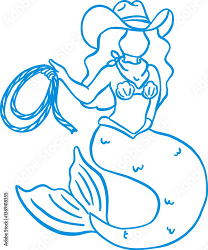 Coastal Cowgirl Mermaid with Surfboard Outline Playful Hand Draw