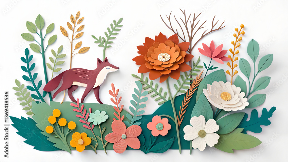 Obraz premium Illustration abstract cut paper flowers isolated white background expression wild animals florals