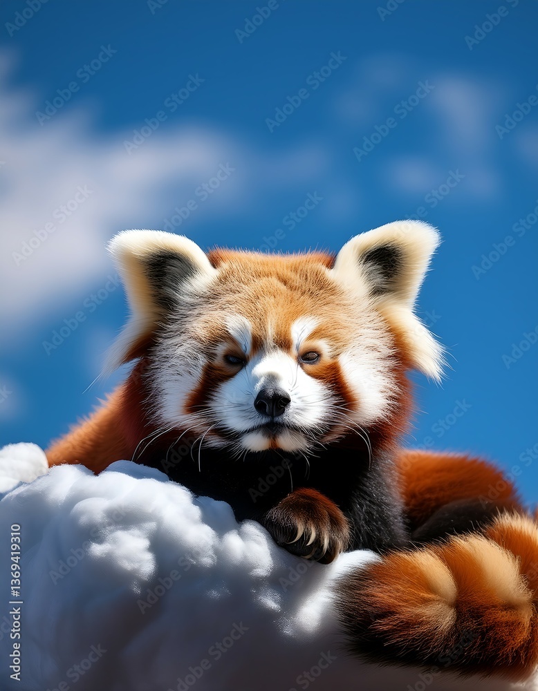 Fototapeta premium Adorable Red Panda Relaxing on a Puffy Cloud Under the Bright Blue Midday Sky