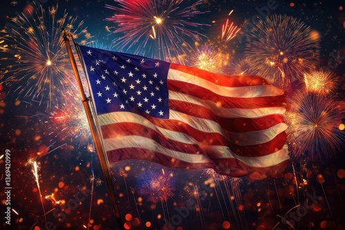 A photorealistic image of a massive American flag waving in the wind, surrounded by vibrant fireworks.