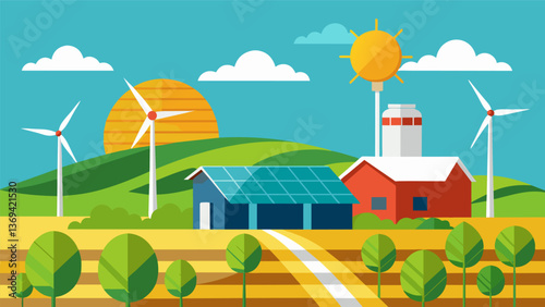 A renewable energy farm showcasing multiple sources of energy production including solar panels wind turbines and fields of corn for ethanol. Vector illustration