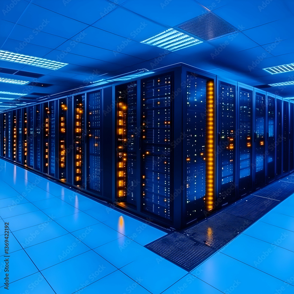 Illuminated Server Room: Rows of Data Servers in a Modern Data Center with Blue Lighting Illuminated Server Room: Rows of Data Servers in a Modern Data Center with Blue Lighting