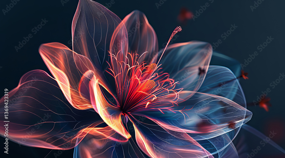 Obraz premium Luminescent ethereal flower glows with vibrant red and orange hues intricate details dark background digital art glowing petals abstract floral