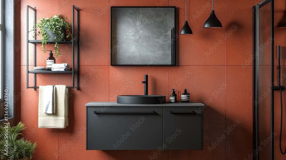 Fototapeta premium modern bathroom featuring bold terracotta wall, sleek black fixtures, and minimalist decor. space exudes stylish and contemporary vibe, perfect for relaxation and rejuvenation