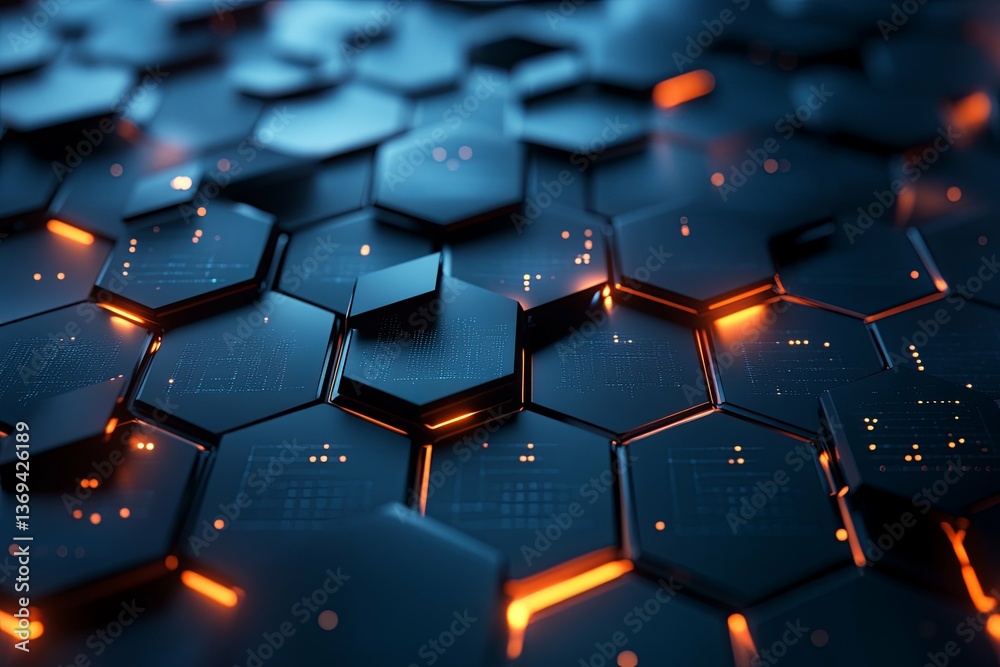 Dark hexagons with orange glowing edges and embedded technology Dark hexagons with orange glowing edges and embedded technology