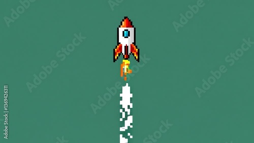 Looping Pixel Art Rocket Launch Animation on Green Screen: Retro 8-Bit Style Lift-Off With Fire and Smoke for Games, Spritesheets, and Overlays

