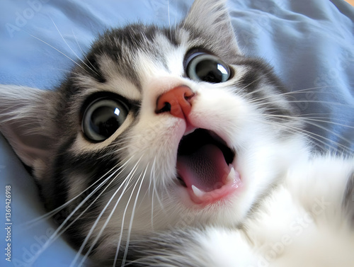 Close-up Photo of a Surprised Kitten with Wide Eyes and Open Mouth on Blue Fabric