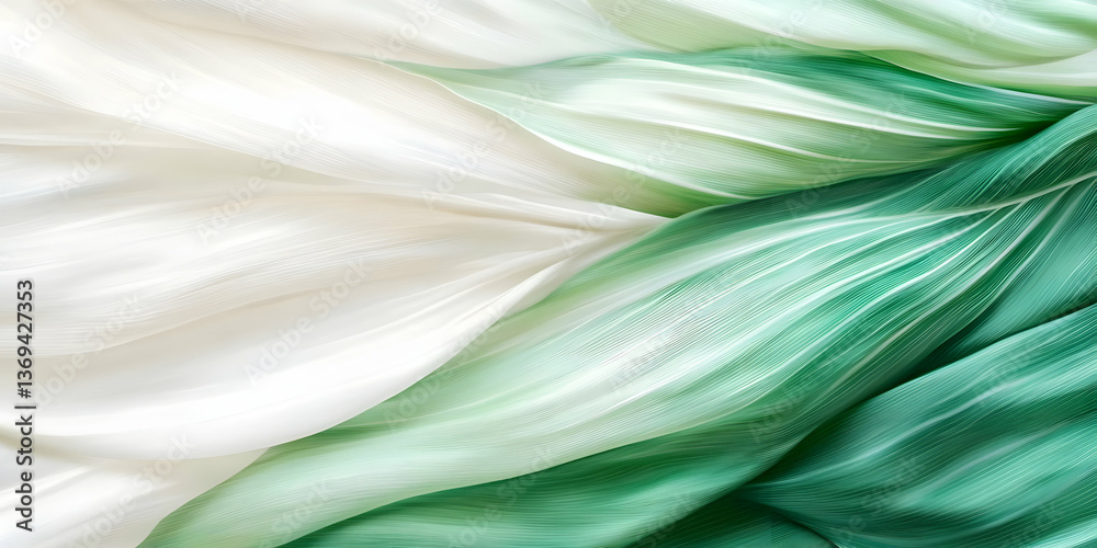 Abstract 3D Render of Flowing White and Green Fabric, Creating a Serene and Elegant Background Image with Soft, Wavy Textures. Abstract 3D Render of Flowing White and Green Fabric, Creating a Serene and Elegant Background Image with Soft, Wavy Textures.
