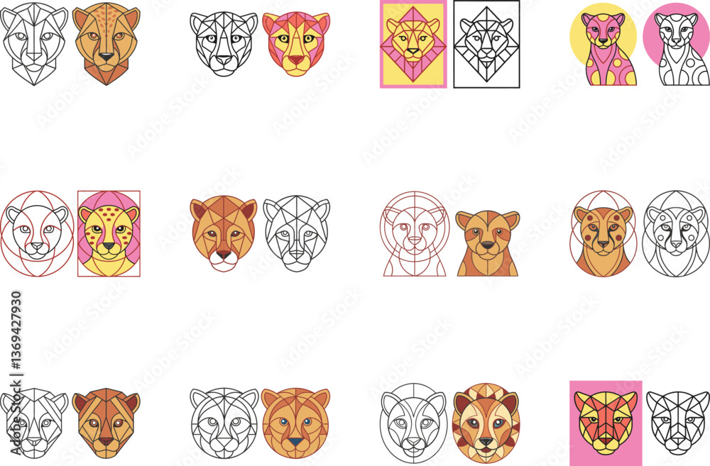 Fototapeta premium Geometric Cheetah Head Collection in Various Styles and Colors on White Background