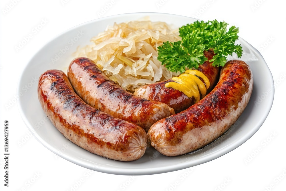 A plate of bratwurst with sauerkraut and mustard, grilled to perfection, isolated on a transparent background. A plate of bratwurst with sauerkraut and mustard, grilled to perfection, isolated on a transparent background.