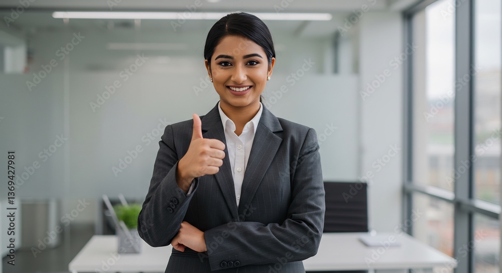 Confident businesswoman smiles giving thumbs up modern office bright lighting. AI Generated Confident businesswoman smiles giving thumbs up modern office bright lighting. AI Generated
