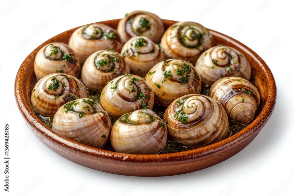 A plate of escargot served in garlic herb butter, arranged in a classic French dish, isolated on a transparent background. A plate of escargot served in garlic herb butter, arranged in a classic French dish, isolated on a transparent background.
