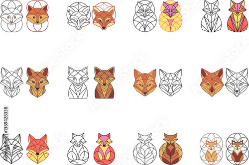 Geometric Fox Heads Outline and Color Variations in Design on White Background