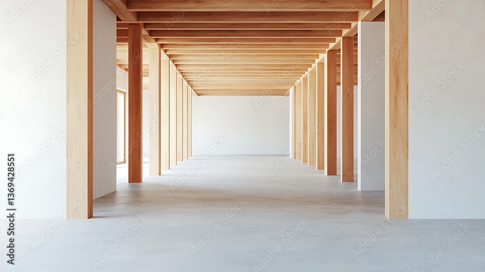 Fototapeta premium A modern, minimalist interior space featuring wooden beams and columns, creating an open, airy atmosphere.