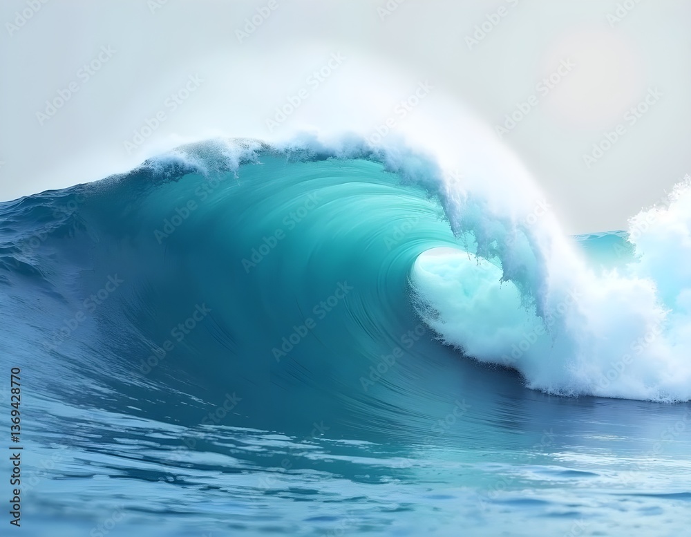 A simple 3D rendering of a clear blue ocean wave splashing, captured from below, in bright daylight