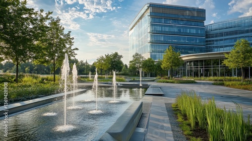 A modern building surrounded by landscaped gardens and water features.