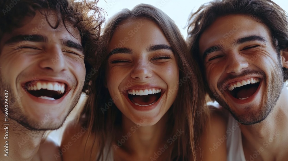 Joyful Young Adults Embracing Friendship with Laughter, Happiness, and Togetherness in Close-Up White Background Shot