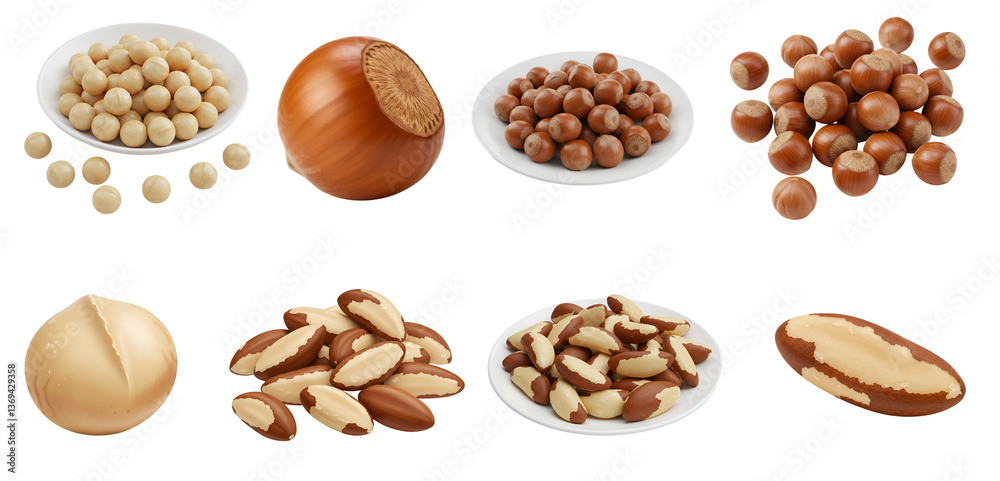 An assortment of various nuts including hazelnuts and brazil nuts transparent background