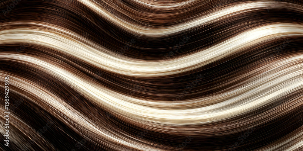 Abstract 3D rendering of wavy brown and beige hair strands forming a flowing pattern,  creating a luxurious and elegant visual texture background.