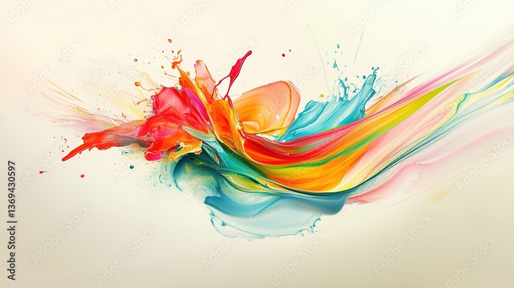 Obraz premium Abstract colorful splashes of dynamic paint and ink splatter patterns in rainbow gradient on white background. Creative artistic liquid texture with vibrant neon colors for modern art design, poster c