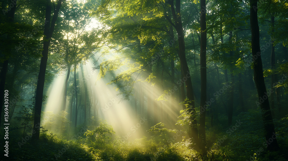 Obraz premium A foggy forest with beams of sunlight