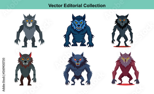 Vector Werewolf Character Icons Collection, A collection of stylized werewolf icons in vector format, featuring various colors and fierce expressions.
