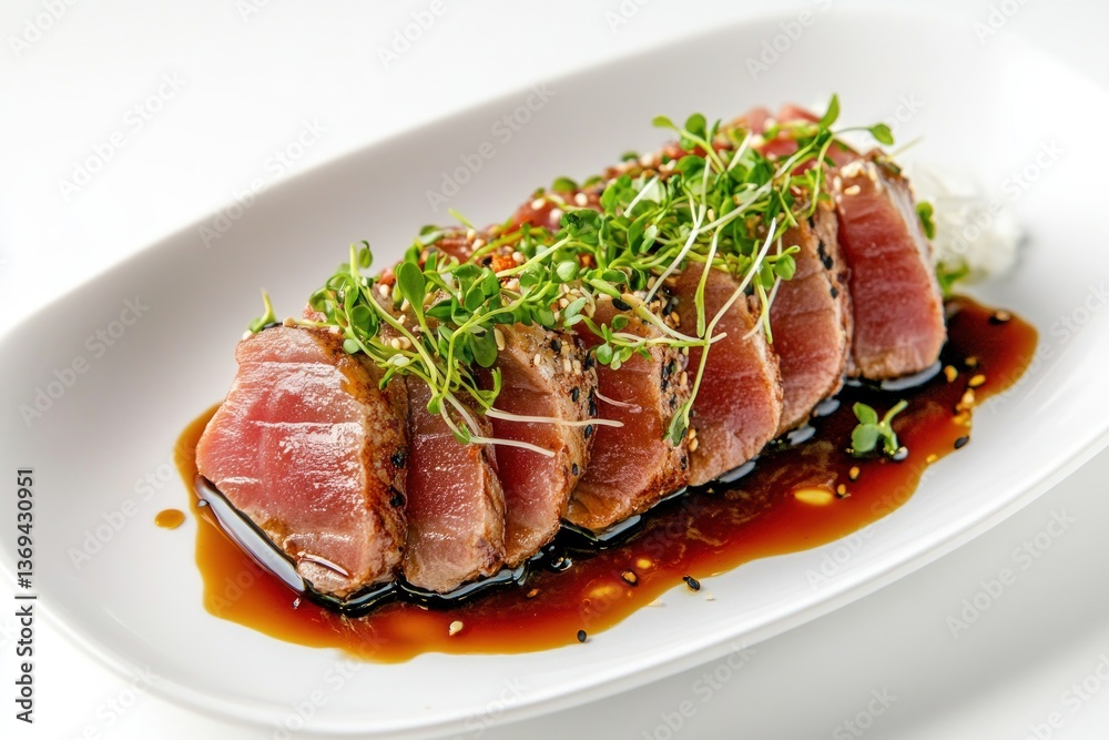 A premium donburi featuring seared tuna tataki, drizzled with ponzu sauce and microgreens, high detail, white background. A premium donburi featuring seared tuna tataki, drizzled with ponzu sauce and microgreens, high detail, white background.