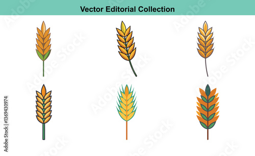 Illustration of Wheat and Grain Icons in Vector, A collection of colorful wheat and grain icons in vector style, showcasing various types of cereal plants.
