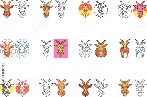 Set of Goat Head in Polygonal Style, Outline and Colored on White Background