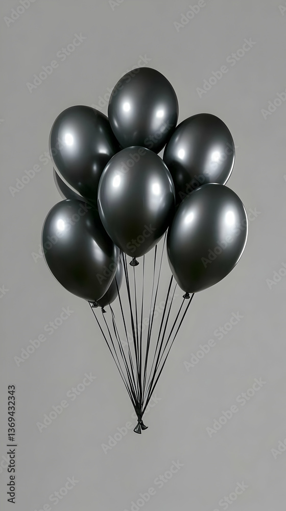 Seven Shiny Black Balloons Float Against a Gray Background Seven Shiny Black Balloons Float Against a Gray Background