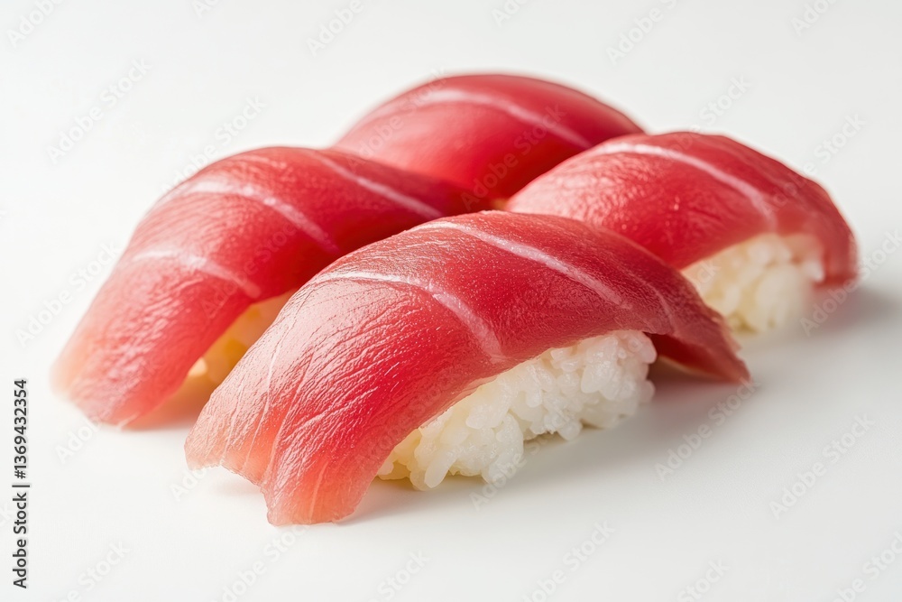 A close-up of fresh maguro (tuna) nigiri sushi, expertly sliced fish atop seasoned sushi rice, isolated on a white background.