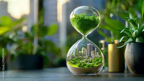 A captivating visual metaphor encapsulates the relentless march of time and its profound impact on urban development Behold a colossal hourglass, an emblem of transience, wherein a miniature city