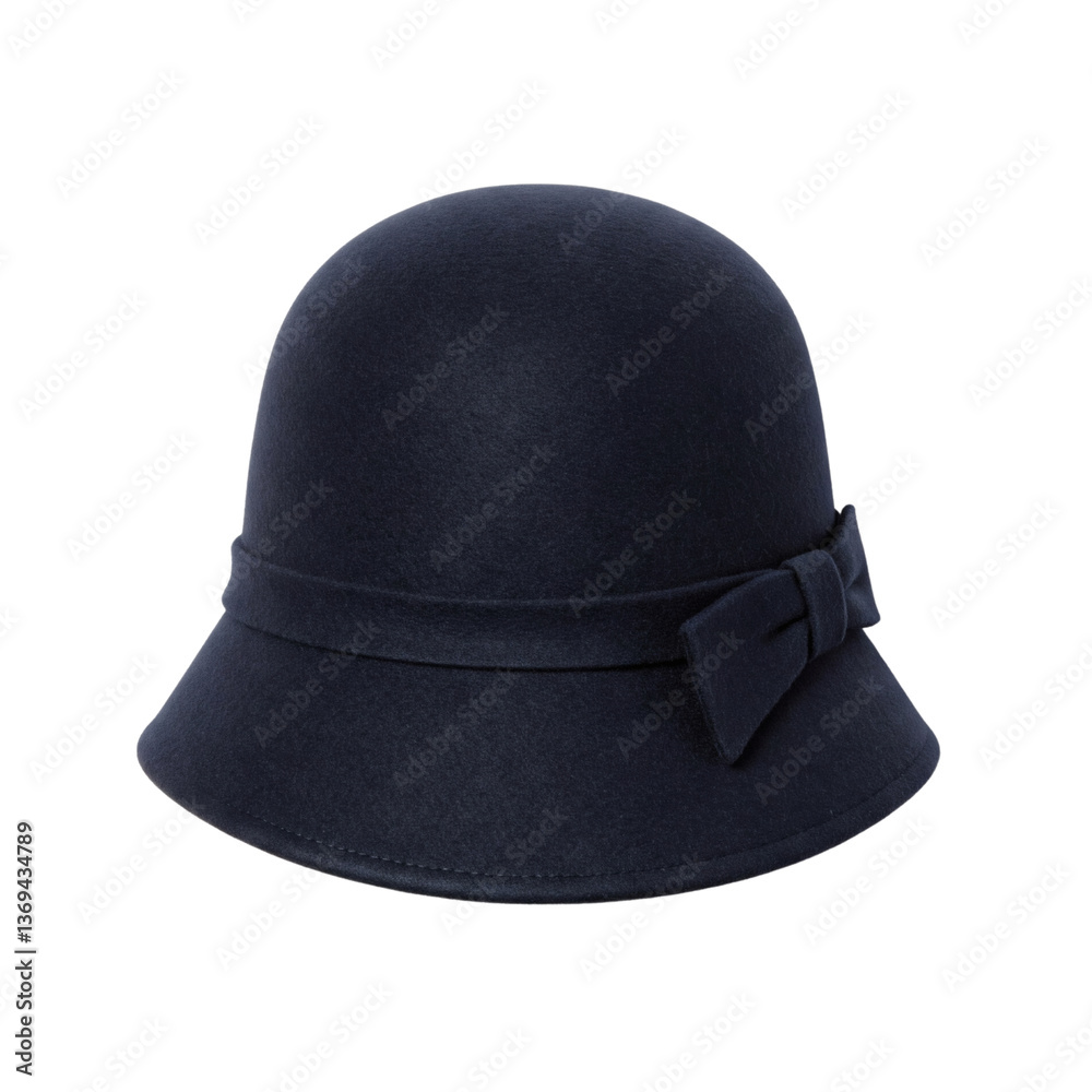 Fototapeta premium Navy blue cloche hat with bow, isolated on transparent background.