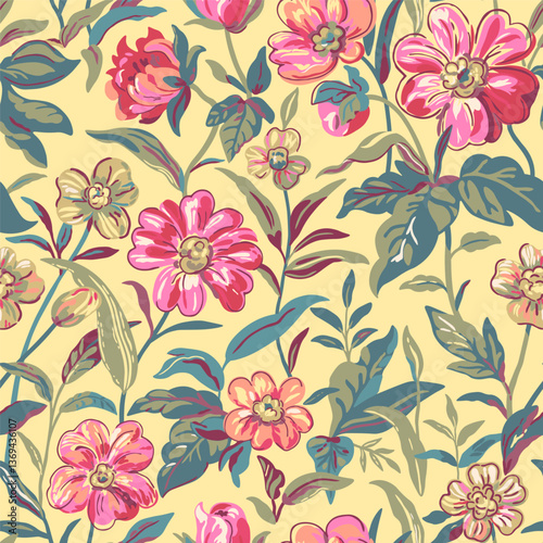 Pink flowers with green stems in watercolor technique on a yellow background