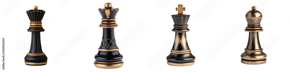 A set of intricately designed black and gold chess pieces arranged on a plain white background showcasing the classic game of strategy and intellectual challenge A set of intricately designed black and gold chess pieces arranged on a plain white background showcasing the classic game of strategy and intellectual challenge