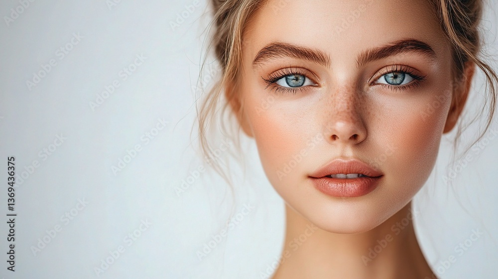 Fototapeta premium Woman with Glowing Complexion and Minimal Makeup Close Up