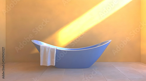 3D Render of a Modern Blue Freestanding Bathtub in a Minimalist Yellow Bathroom, Sunlit