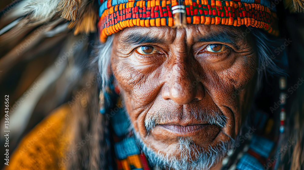 Obraz premium An indigenous Mexican man with an intense gaze wears traditional tribal attire and feathers