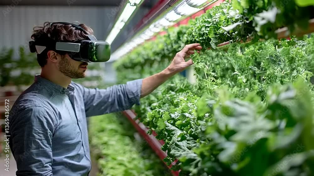 Man using virtual reality headset in a modern indoor garden, exploring hydroponic plants and technology